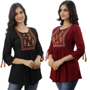 Women’s Embroidered 3/4 Sleeves Round Neck Rayon Short Top (Pack of 2) Top02